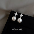 Silver Tone Clear Stone Four Petal Flower And Pearl Stud Earrings view 4