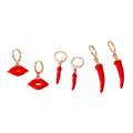 Gold Tone Red Enamel Chili Pepper and Lips Huggie Earring Set view 4
