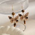 Beige Butterfly Print Brown Bead Long Hook Earrings view 2