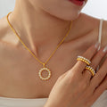 Pearl Circle Pendant Necklace And Bead Band Rings Gold Steel view 1