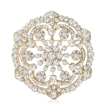 Round Crystal Filigree Brooch in Gold or Silver Tone
