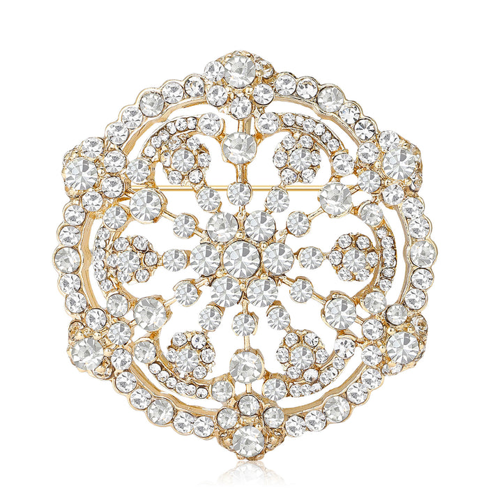 Round Crystal Filigree Brooch in Gold or Silver Tone
