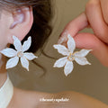 Layered Iris Flower Stud Earrings in Pink Blue Gold and White view 3