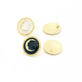 Gold Tone Round Crescent Moon Stud Earrings in Black and White view 5