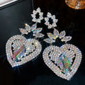 Crystal Heart and Flower Statement Drop Earrings With Leaf Details view 6