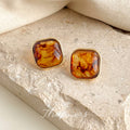 Gold Tone Square Amber Resin Stud Earrings with Soft Corners view 4
