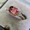 Magenta Rectangular Three-Stone Ring In Polished Gold Tone view 2
