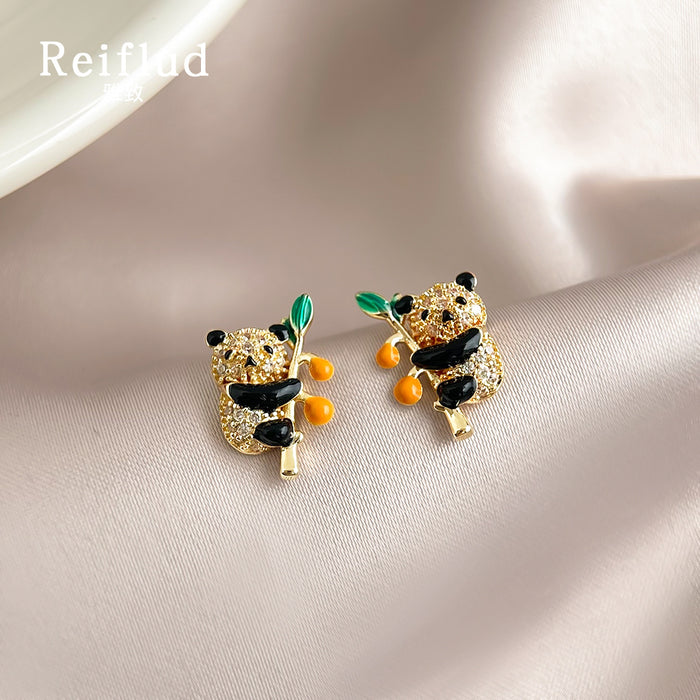 Gold-Tone Crystal Pave Panda Bamboo Stud Earrings Pair