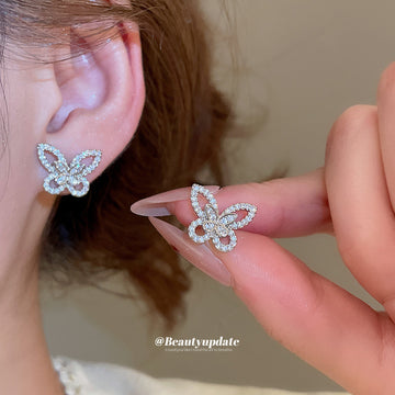 Silver Tone Openwork Butterfly Crystal Stud Earrings