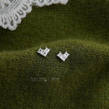 Silver Tone Twin Clear Square Stone Pointed Mini Stud Earrings