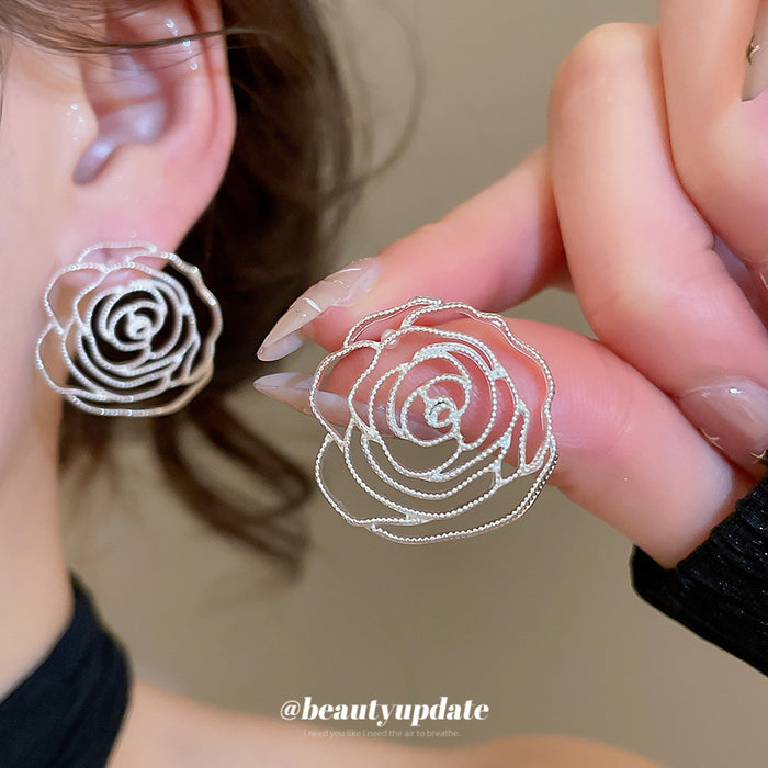 Silver Tone Open Rose Outline Stud Earrings With Decorative Details