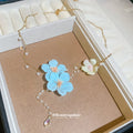 Blue Floral Beaded Necklace with Pearl Like Drops and Gold Tone Chain view 4