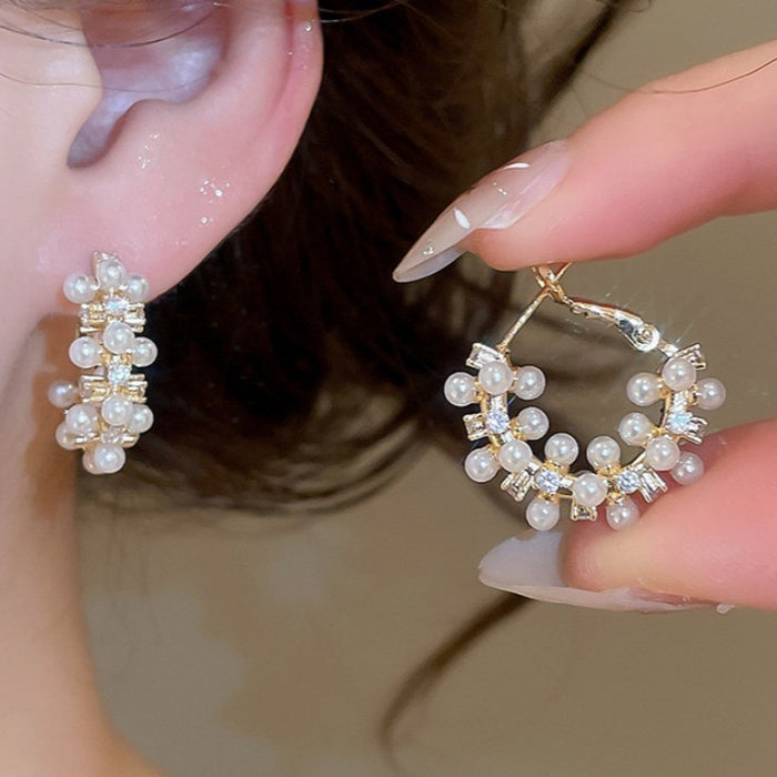 Clustered Faux Pearl Hoop Earrings With Gold Tone Hardware