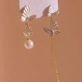 Asymmetric Butterfly Earrings with Pearl and Chain Drops view 4