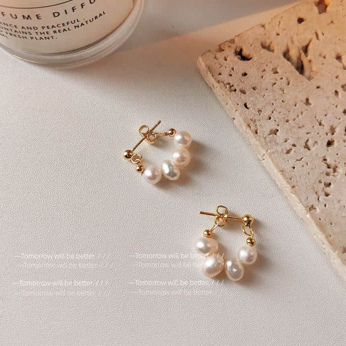 Gold Tone Graduated White Pearl Round Hoop Stud Earrings