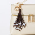 Brown Leather Cord Tassel Keychain With Faux Pearl Beads view 2