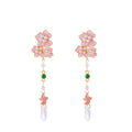 Pink Flower Green Bead Clear Teardrop Long Earrings view 5