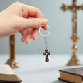 Dark Brown Wooden Cross Keychain Heart Cutout Split Ring view 3