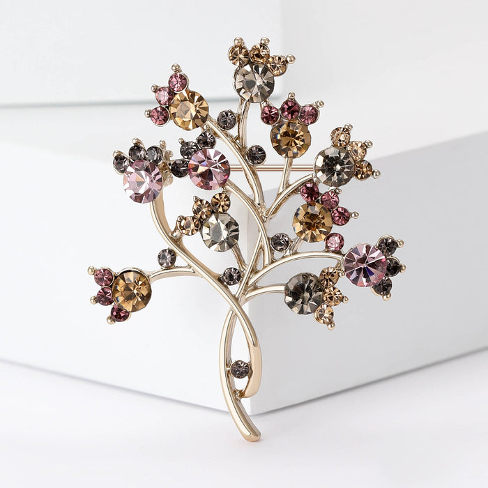 Branching Crystal Tree Brooch in Soft Pink and Brown