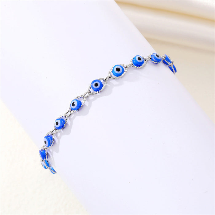 Silver Tone Linked Blue Evil Eye Chain Bracelet with Extension