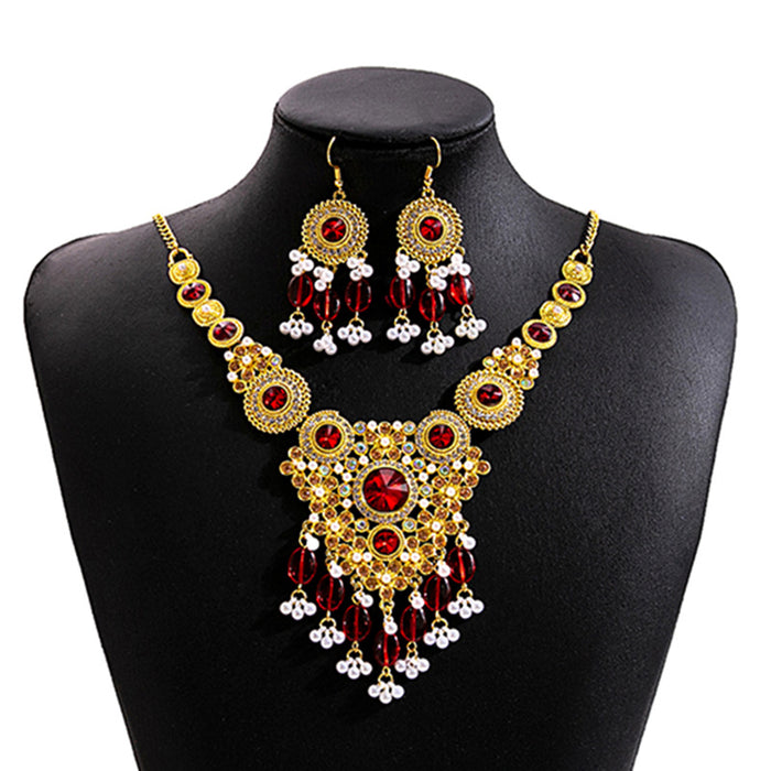 Three Color Ornate Necklace and Chandelier Earring Sets