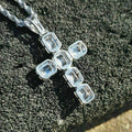 Silver Tone Square Stone Cross Necklace Pendant with Clear Stone Accents view 2