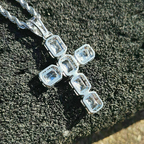 Silver Tone Square Stone Cross Necklace Pendant with Clear Stone Accents shown in styled view