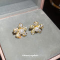 Gold Tone Crystal Flower And Pearl Cluster Stud Earrings view 4