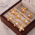 Flower Petal Stud Earrings White Pearl Center Gold Steel view 2