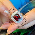 Silver Tone Red Square Crystal Double Halo Ring Polished Metal Jewelry view 4