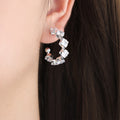 Gold Steel C-Hoop Earrings Square Clear Stone Accents view 7