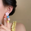 Colorful Resin Flower Long Dangle Stud Earrings With Polished Metal Details view 3