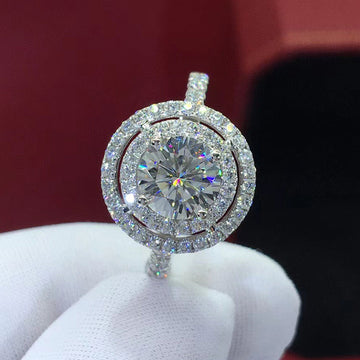 Round Double Halo Crystal Ring in Polished Metal Jewelry