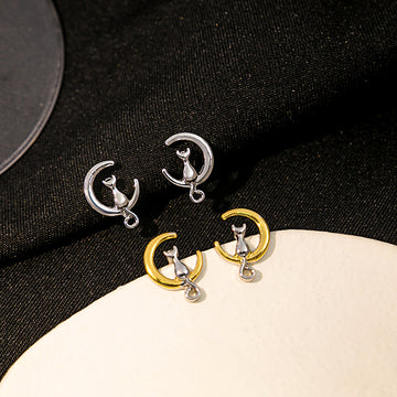 Gold and Silver Crescent Moon Cat Small Stud Earrings
