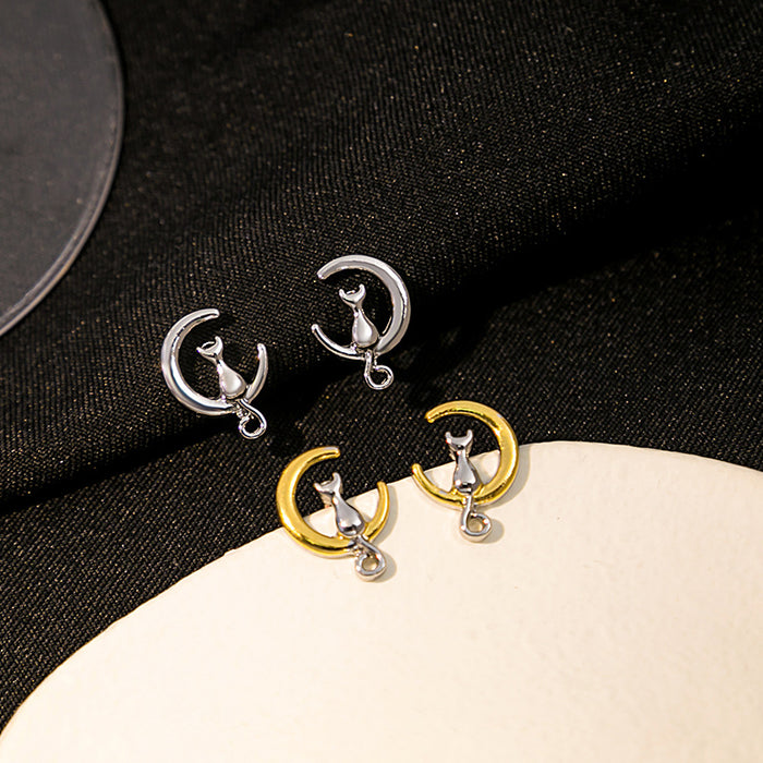 Gold and Silver Crescent Moon Cat Small Stud Earrings