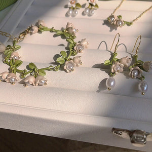 Green Vine Pearl Floral Bracelet Necklace and Earring Collection
