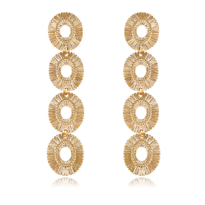 Gold Tone Gold Four Ring Drop Openwork Two Designs Metal Dangle Earrings
