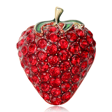 Red Crystal Strawberry Brooch With Green Enamel Leaves