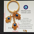 Triple Hamsa Hand Blue Evil Eye Keychain in Gold Tone Metal view 4