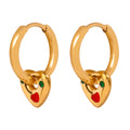 Gold Huggie Hoop Earrings Heart Charm Red Enamel Accents view 5