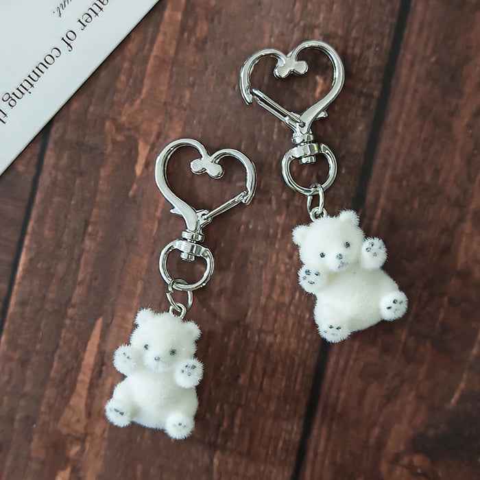 White Flocked Waving Teddy Bear with Heart-Clasp Charm