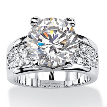 Wide Round Solitaire Pave Shoulder Ring In Silver Tone
