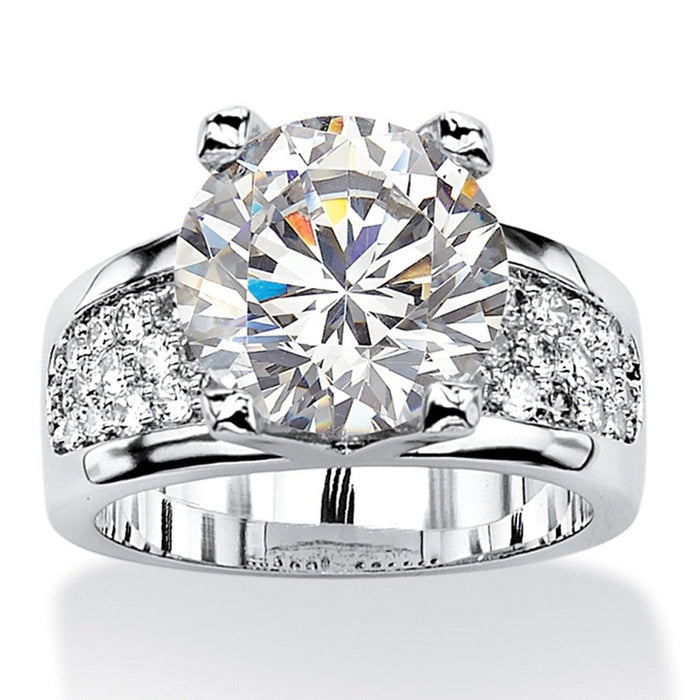 Wide Round Solitaire Pave Shoulder Ring In Silver Tone