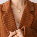 Gold Square Rose Embossed Pendant Snake Chain Necklace view 4