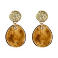 Gold Tone Amber Resin Drop Earrings Hammered Disc Posts view 5
