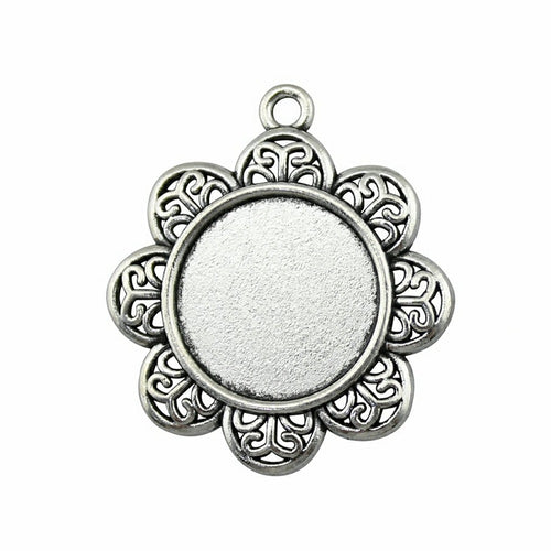 Floral Round Cabochon Pendant Tray Settings in Two Sizes shown in image 1 with six broad scrollwork petals