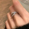Silver Geometric Open Ring Double Pave Crossed Bands view 1