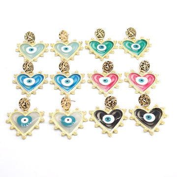 Gold Tone Pearl Outline Heart Evil Eye Stud Drop Earrings