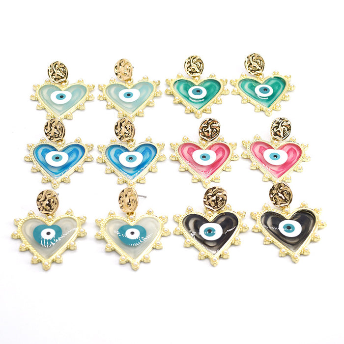 Gold Tone Pearl Outline Heart Evil Eye Stud Drop Earrings