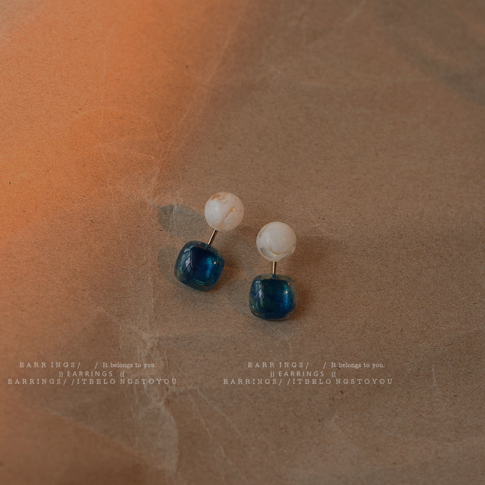 White Pearl Blue Translucent Square Drop Stud Earrings